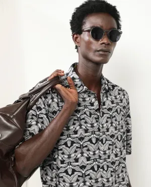 Rare Rabbit Men's Mogu Black Viscose Fabric Short Sleeves Collared Neck Boxy Fit Tropical Print Shirt Rare Rabbit Men's Mogu Black Viscose Fabric Short Sleeves Collared Neck Boxy Fit Tropical Print Shirt