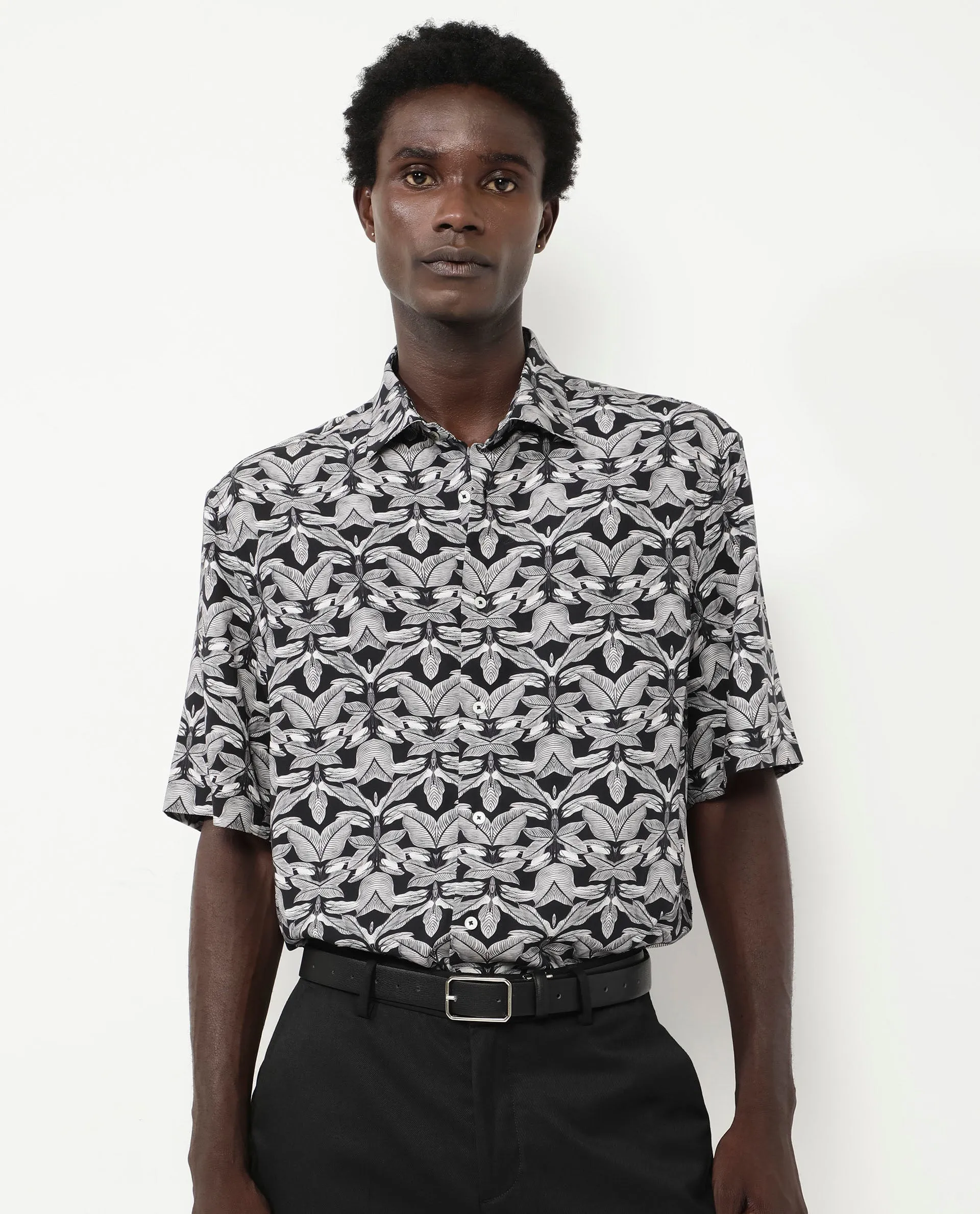 Rare Rabbit Men's Mogu Black Viscose Fabric Short Sleeves Collared Neck Boxy Fit Tropical Print Shirt