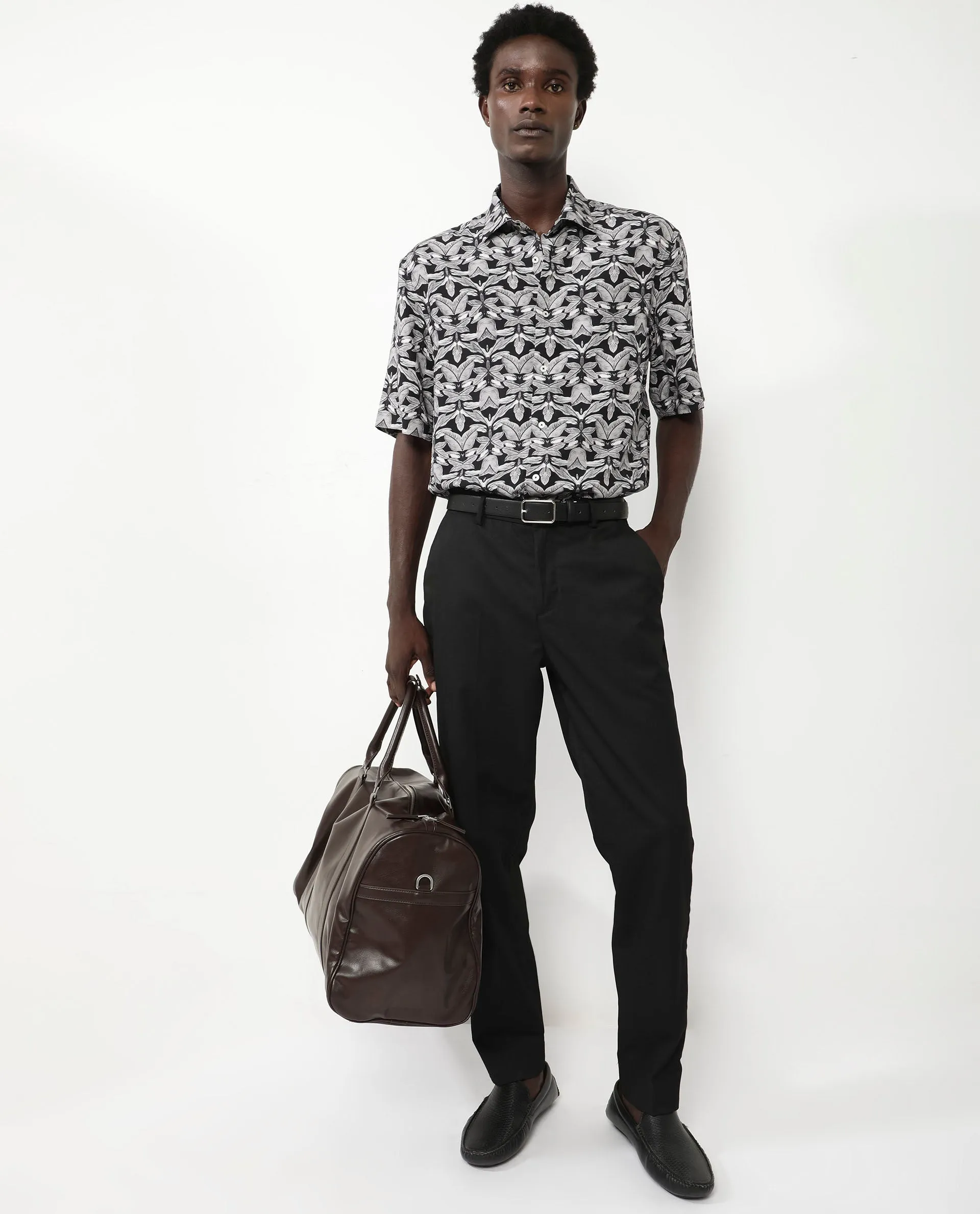 Rare Rabbit Men's Mogu Black Viscose Fabric Short Sleeves Collared Neck Boxy Fit Tropical Print Shirt