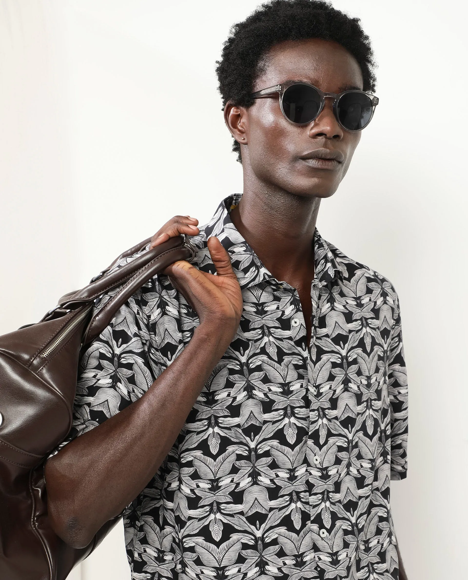 Rare Rabbit Men's Mogu Black Viscose Fabric Short Sleeves Collared Neck Boxy Fit Tropical Print Shirt