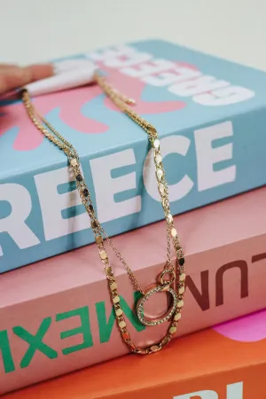 Rhinestone Circle Pendent Gold Layered Necklace Rhinestone Circle Pendent Gold Layered Necklace