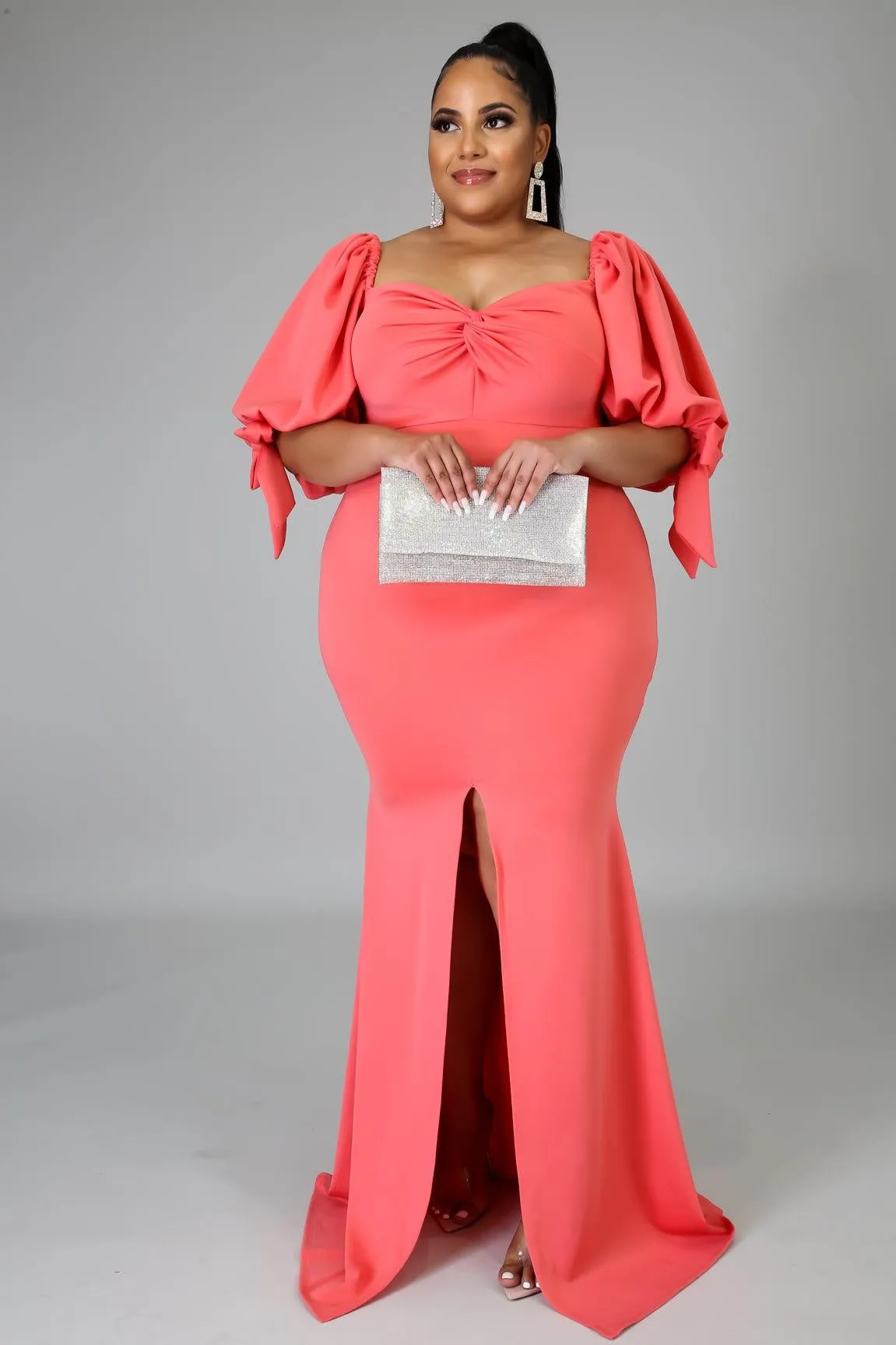 Royal Curves Salmon Bow Evening Dress-FINAL SALE-NOT ELIGIBLE FOR EXCHANGE OR REFUND
