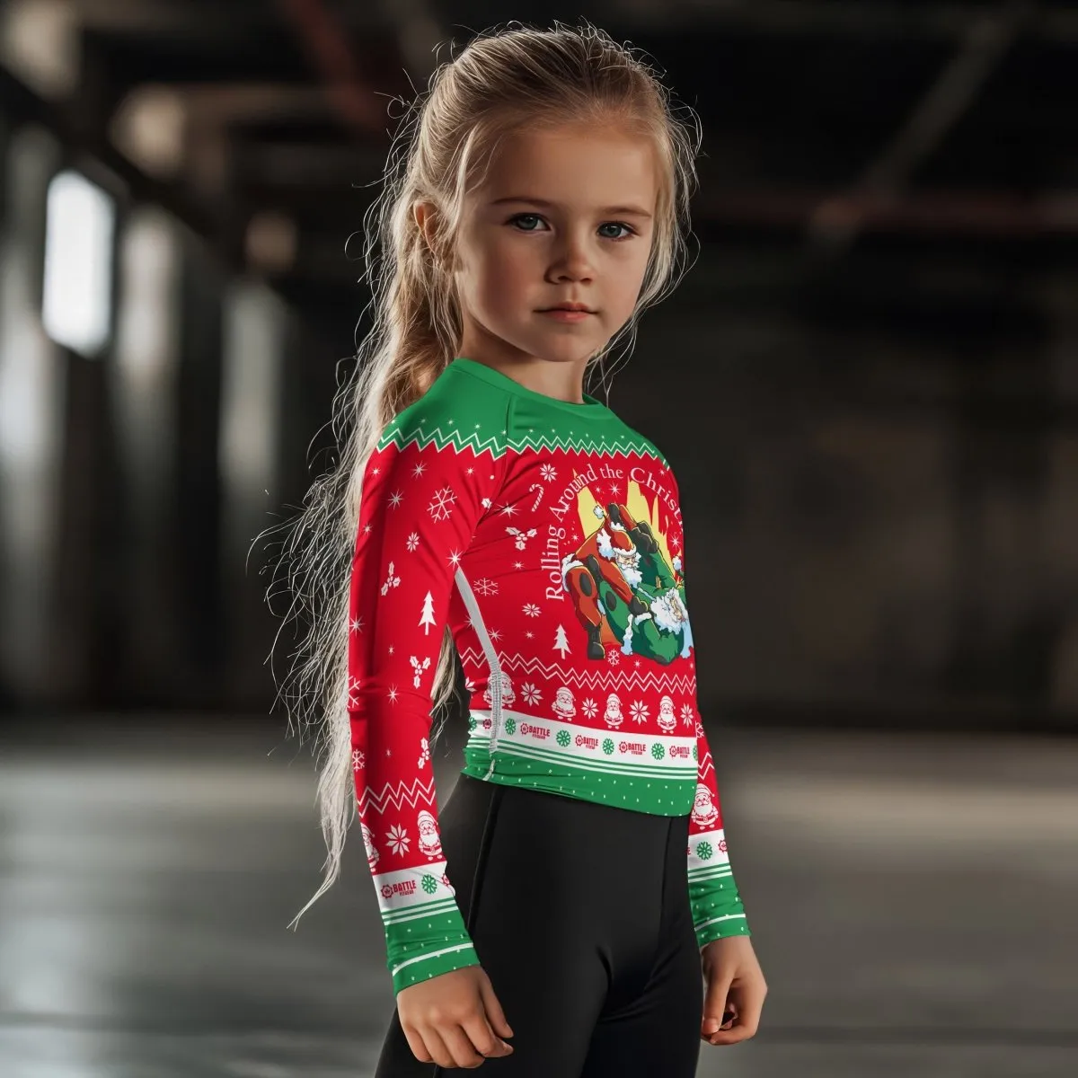 Santa Rolling Around Christmas Kids Rash Guard