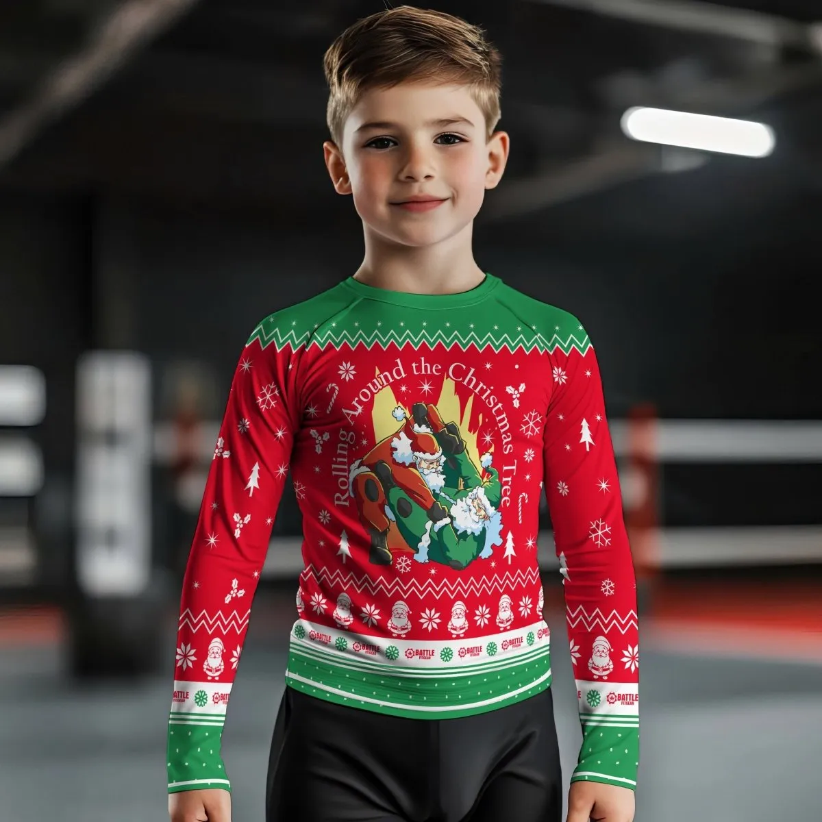 Santa Rolling Around Christmas Kids Rash Guard