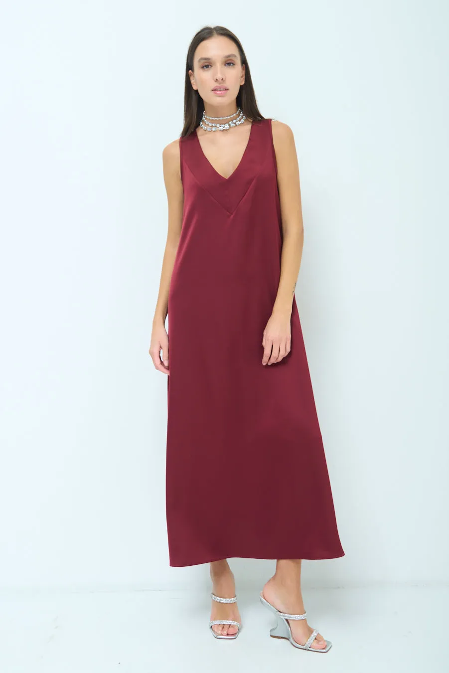 Satin sleeveless V-neck midi dress wholesale