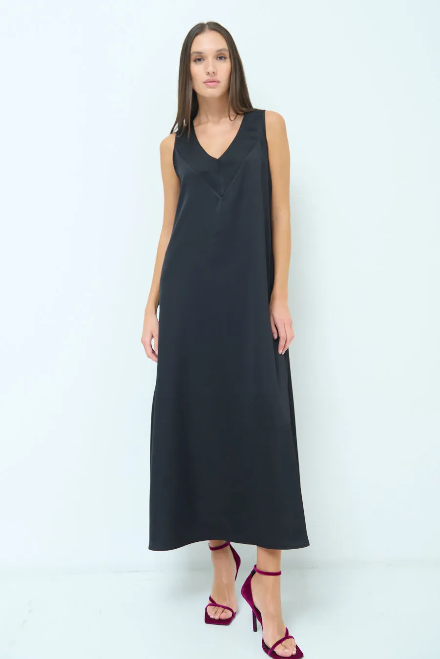 Satin sleeveless V-neck midi dress wholesale