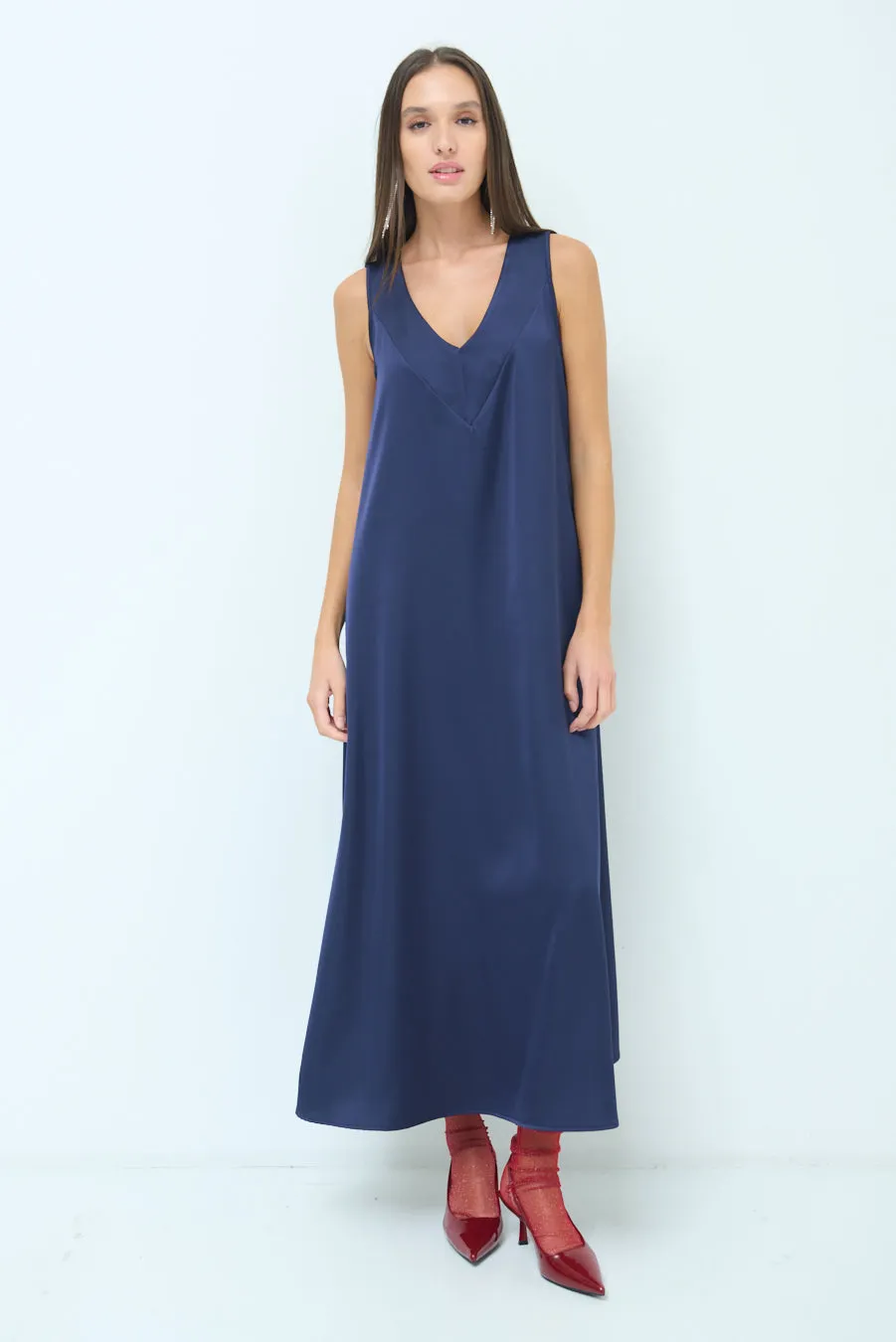 Satin sleeveless V-neck midi dress wholesale