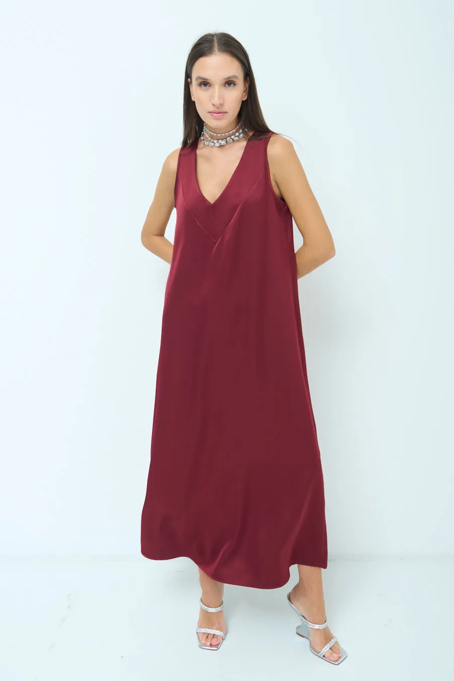 Satin sleeveless V-neck midi dress wholesale