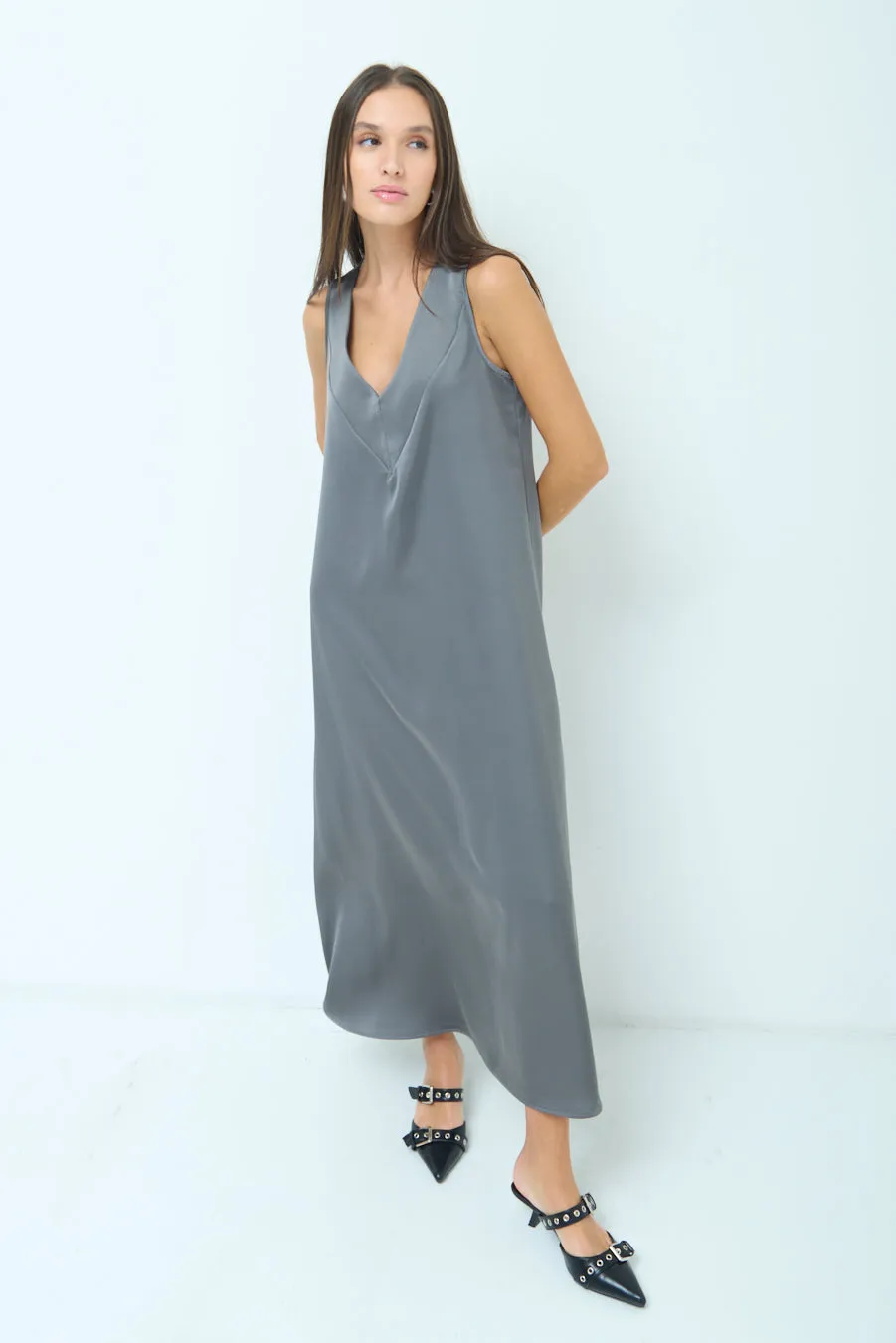 Satin sleeveless V-neck midi dress wholesale