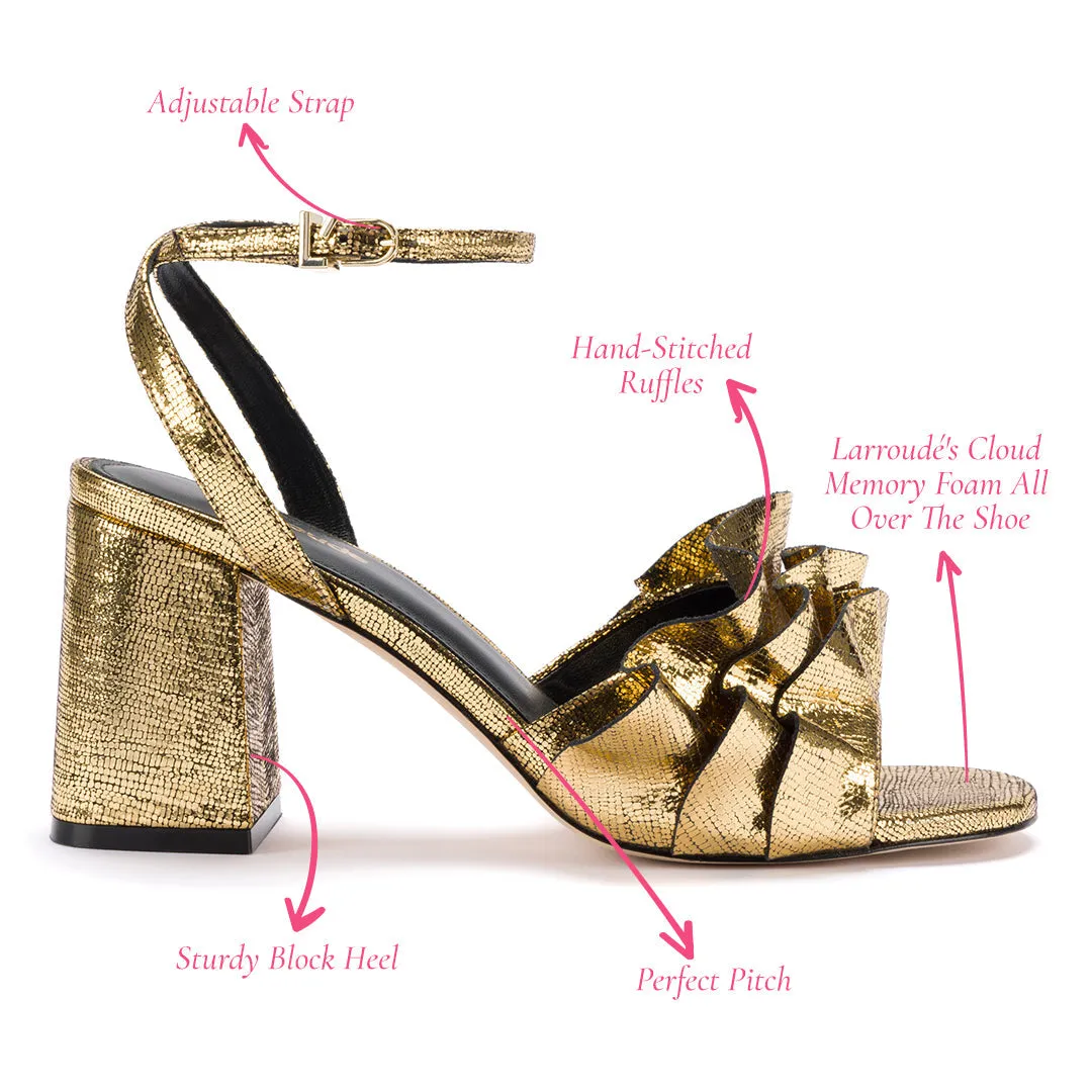 Selena Ruffle Sandal In Gold Cracked Metallic Leather by Larroudé
