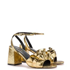 Selena Ruffle Sandal In Gold Cracked Metallic Leather by Larroudé Selena Ruffle Sandal In Gold Cracked Metallic Leather by Larroudé
