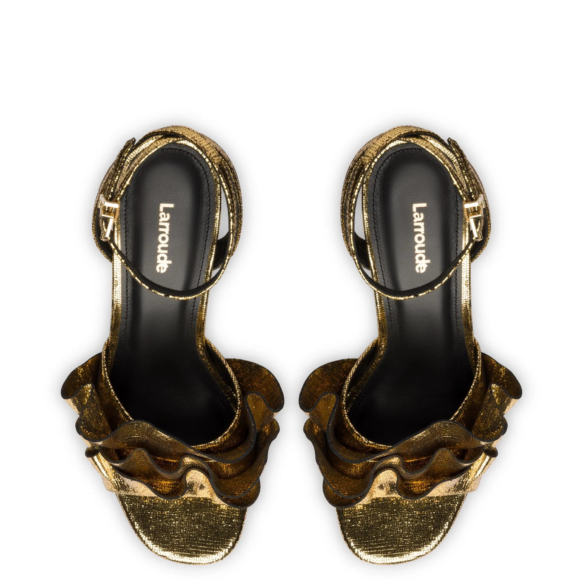 Selena Ruffle Sandal In Gold Cracked Metallic Leather by Larroudé