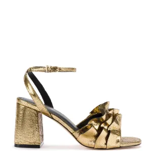 Selena Ruffle Sandal In Gold Cracked Metallic Leather Selena Ruffle Sandal In Gold Cracked Metallic Leather