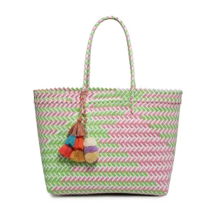 Shelby Large Handwoven Tote w/ Pom-Poms-Pink & Green Shelby Large Handwoven Tote w/ Pom-Poms-Pink & Green
