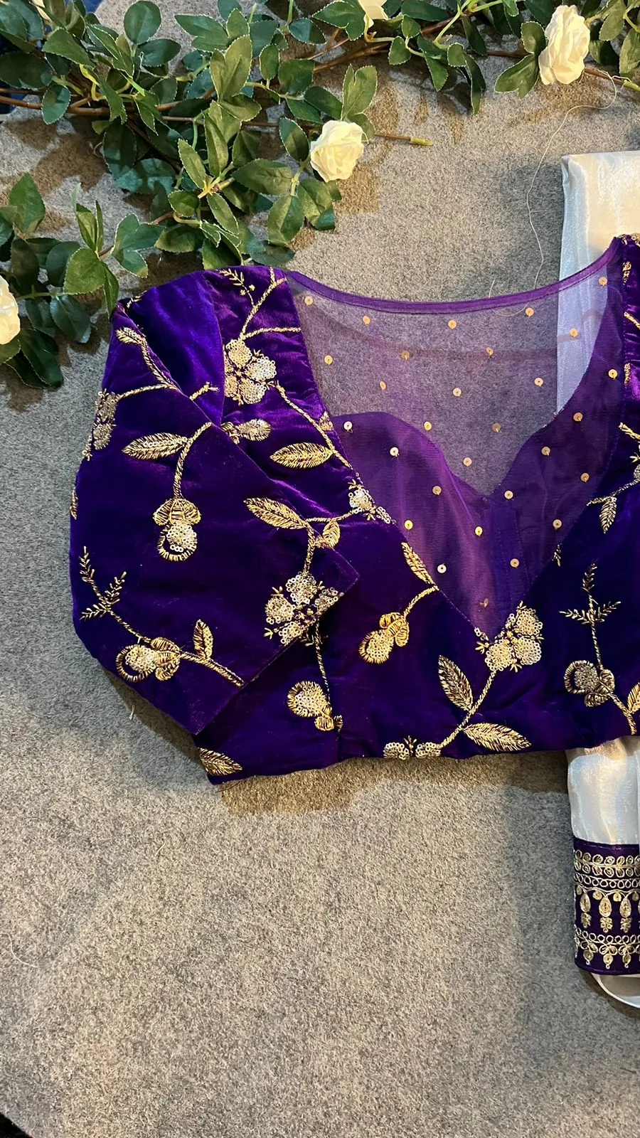Silver silk saree with purple hand work blouse