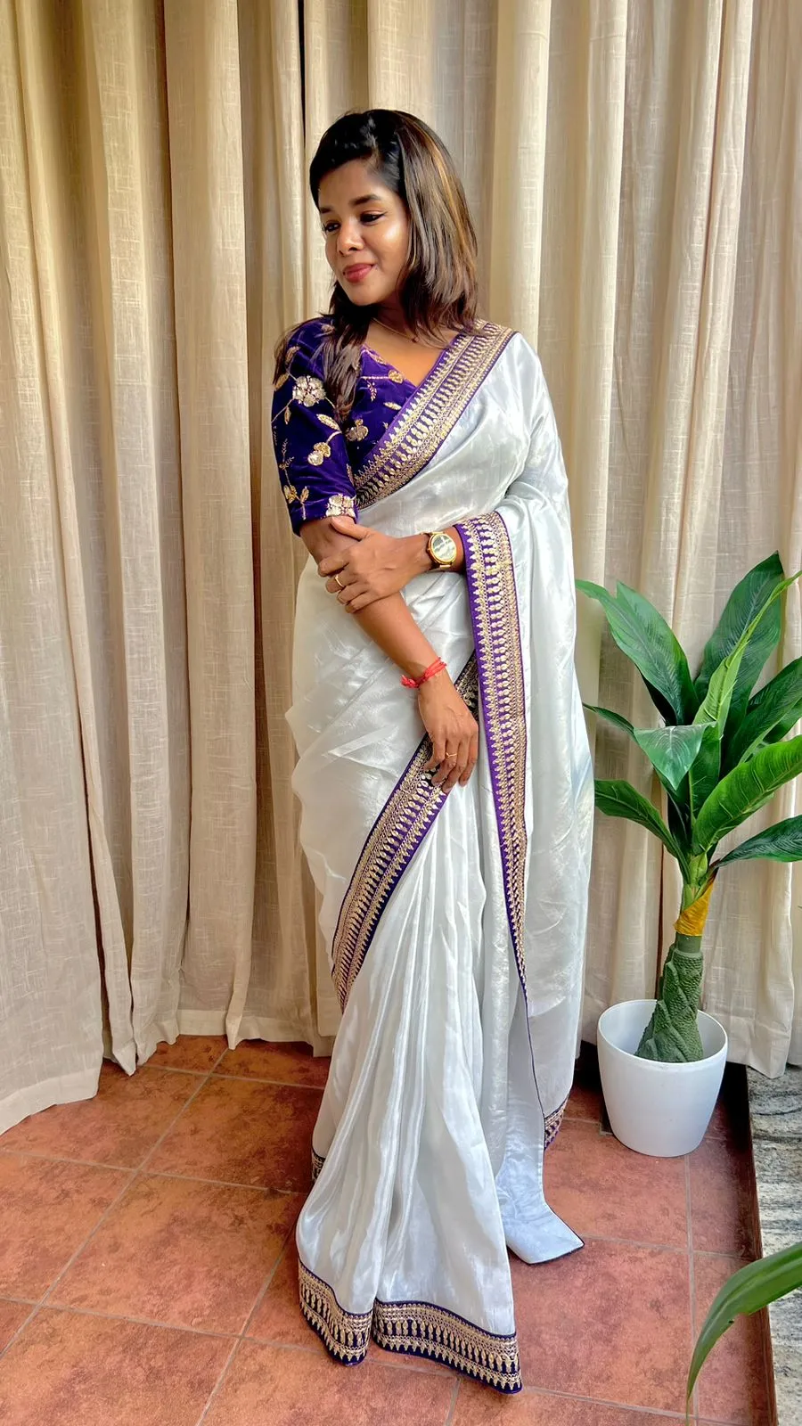 Silver silk saree with purple hand work blouse