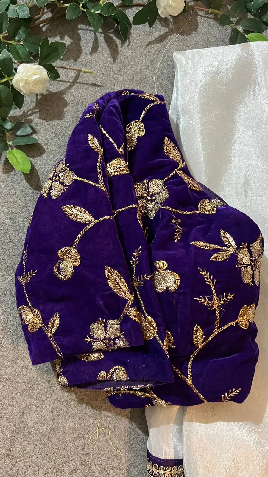 Silver silk saree with purple hand work blouse