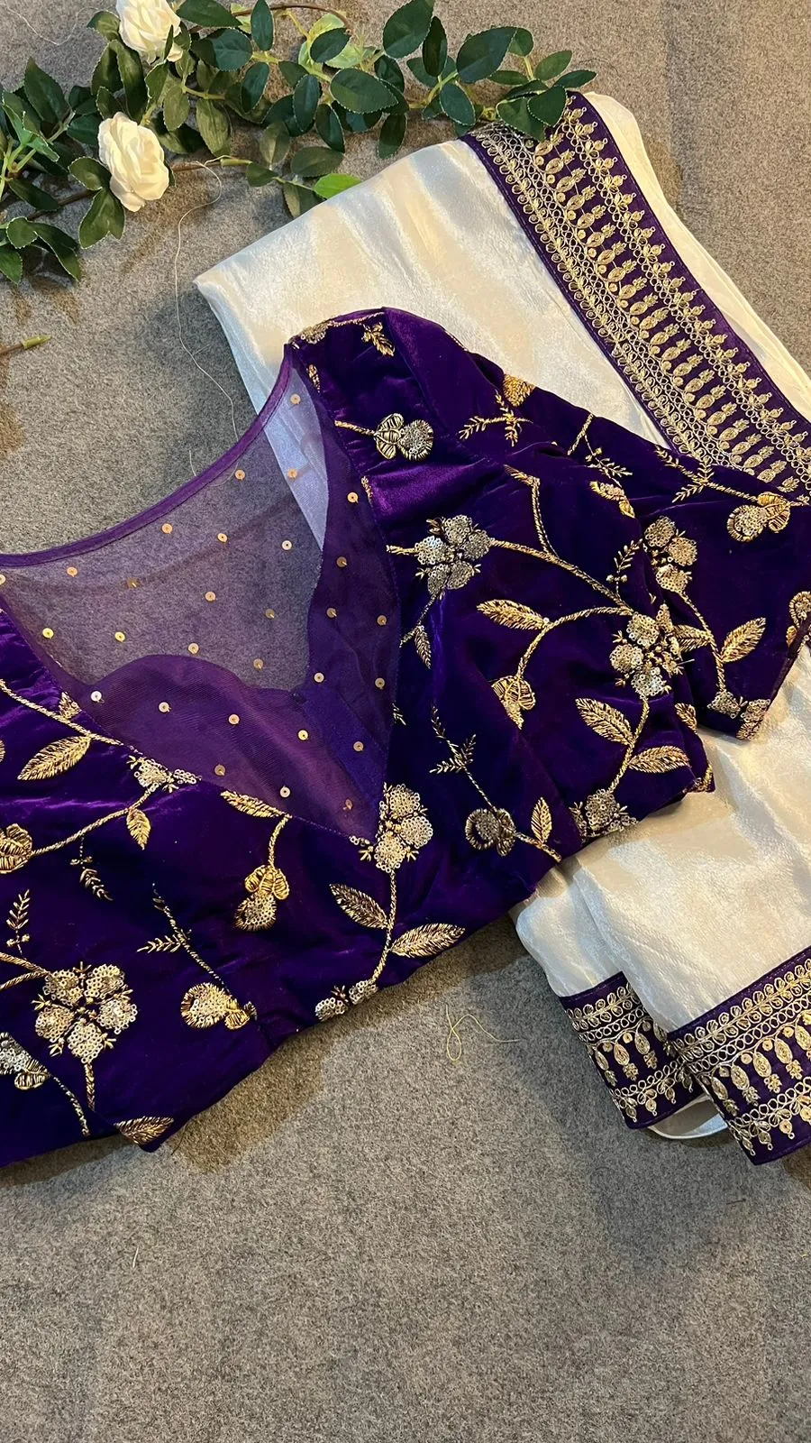 Silver silk saree with purple hand work blouse