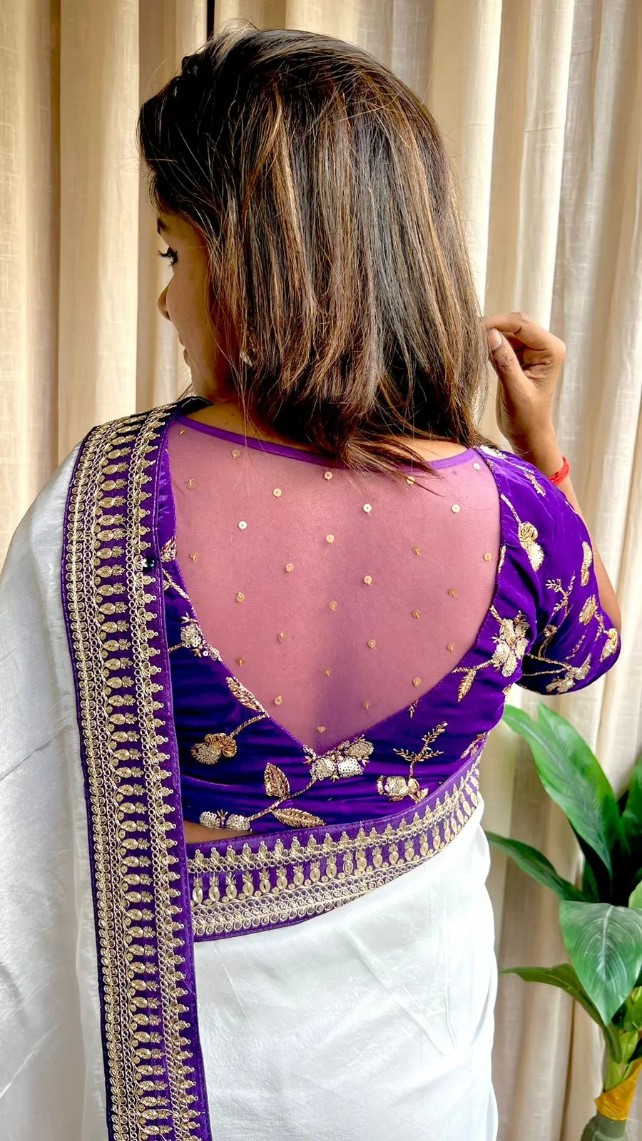 Silver silk saree with purple hand work blouse