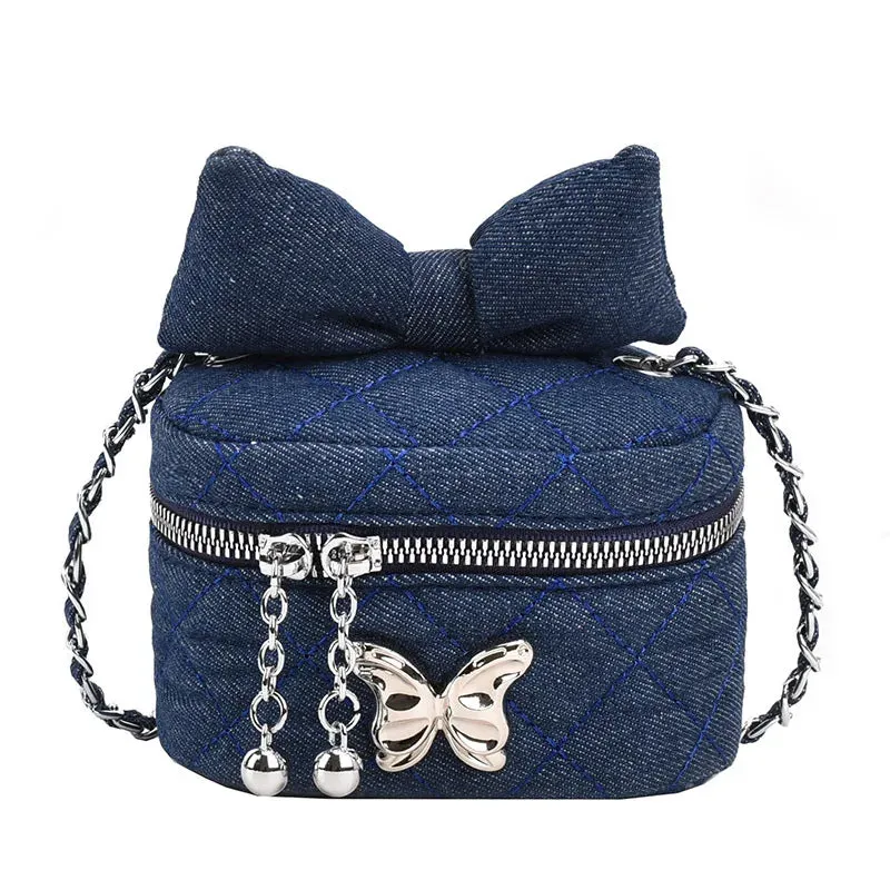 Sohiwoo Women Mini Luxury Designer Bucket Bag Denim Fabric Crossbody Purse Ladies Cute Bow Jeans Shoulder Bag For Girls