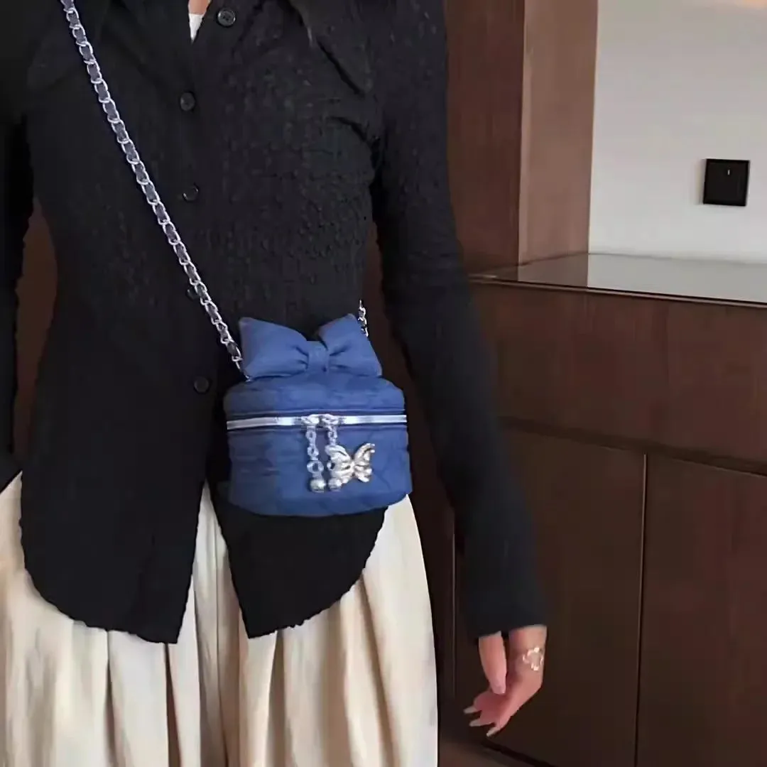 Sohiwoo Women Mini Luxury Designer Bucket Bag Denim Fabric Crossbody Purse Ladies Cute Bow Jeans Shoulder Bag For Girls