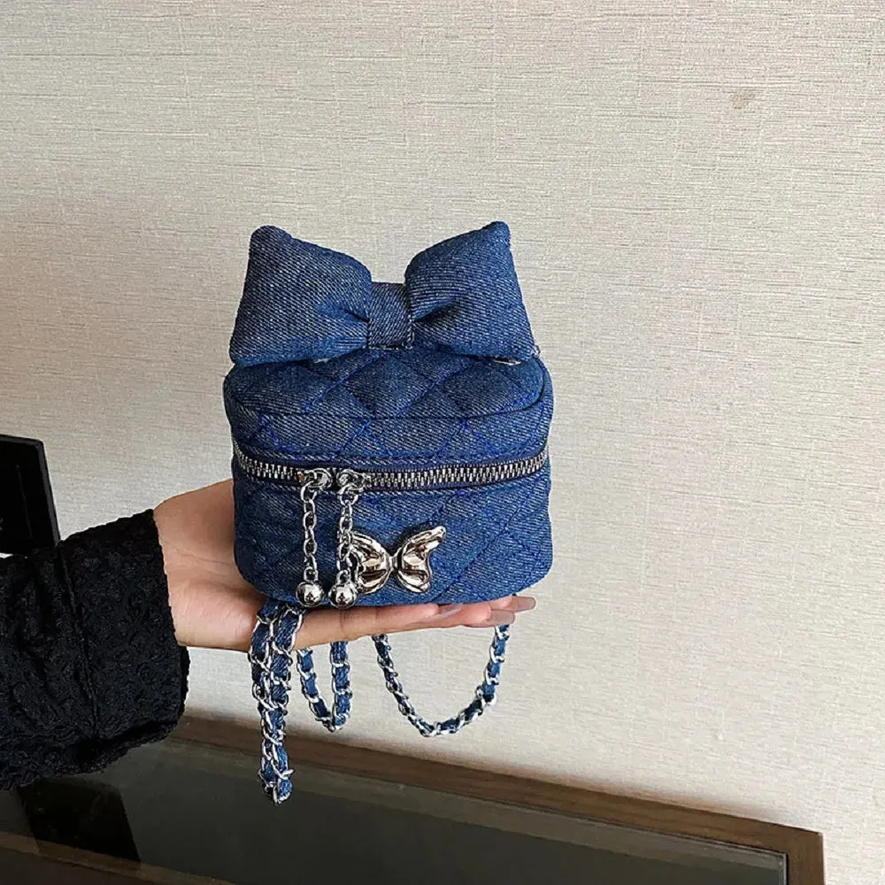 Sohiwoo Women Mini Luxury Designer Bucket Bag Denim Fabric Crossbody Purse Ladies Cute Bow Jeans Shoulder Bag For Girls