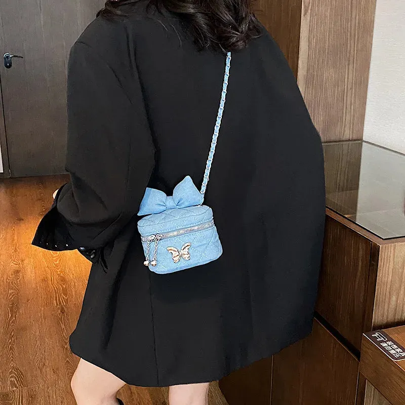 Sohiwoo Women Mini Luxury Designer Bucket Bag Denim Fabric Crossbody Purse Ladies Cute Bow Jeans Shoulder Bag For Girls