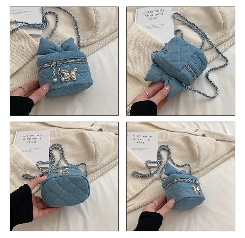 Sohiwoo Women Mini Luxury Designer Bucket Bag Denim Fabric Crossbody Purse Ladies Cute Bow Jeans Shoulder Bag For Girls