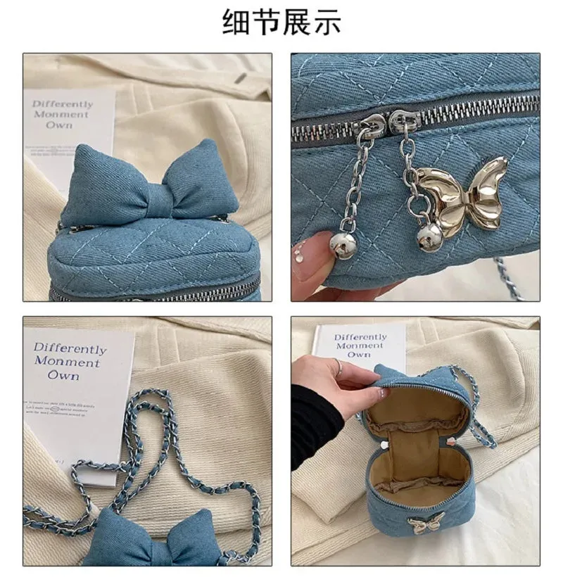 Sohiwoo Women Mini Luxury Designer Bucket Bag Denim Fabric Crossbody Purse Ladies Cute Bow Jeans Shoulder Bag For Girls