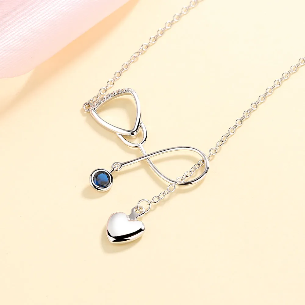 Sterling Silver and Crystal Stethoscope Heart Lariat Necklace