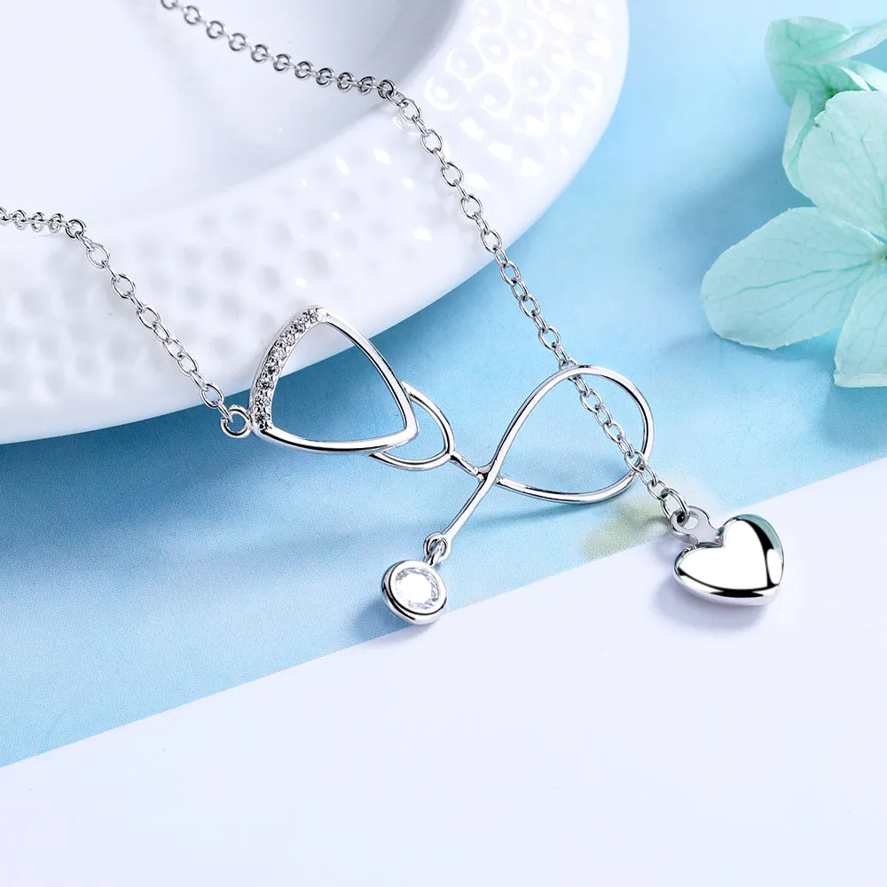 Sterling Silver and Crystal Stethoscope Heart Lariat Necklace