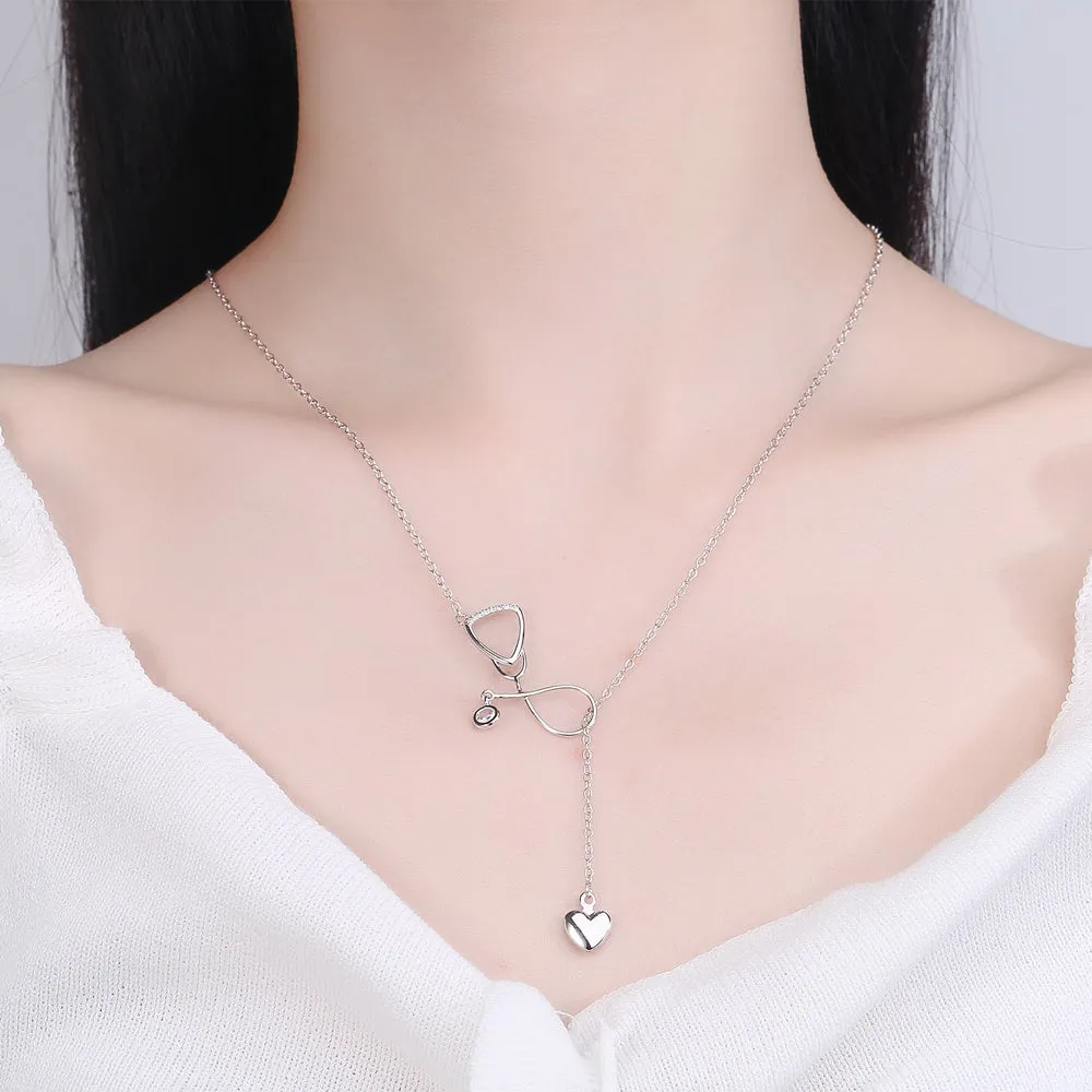 Sterling Silver and Crystal Stethoscope Heart Lariat Necklace