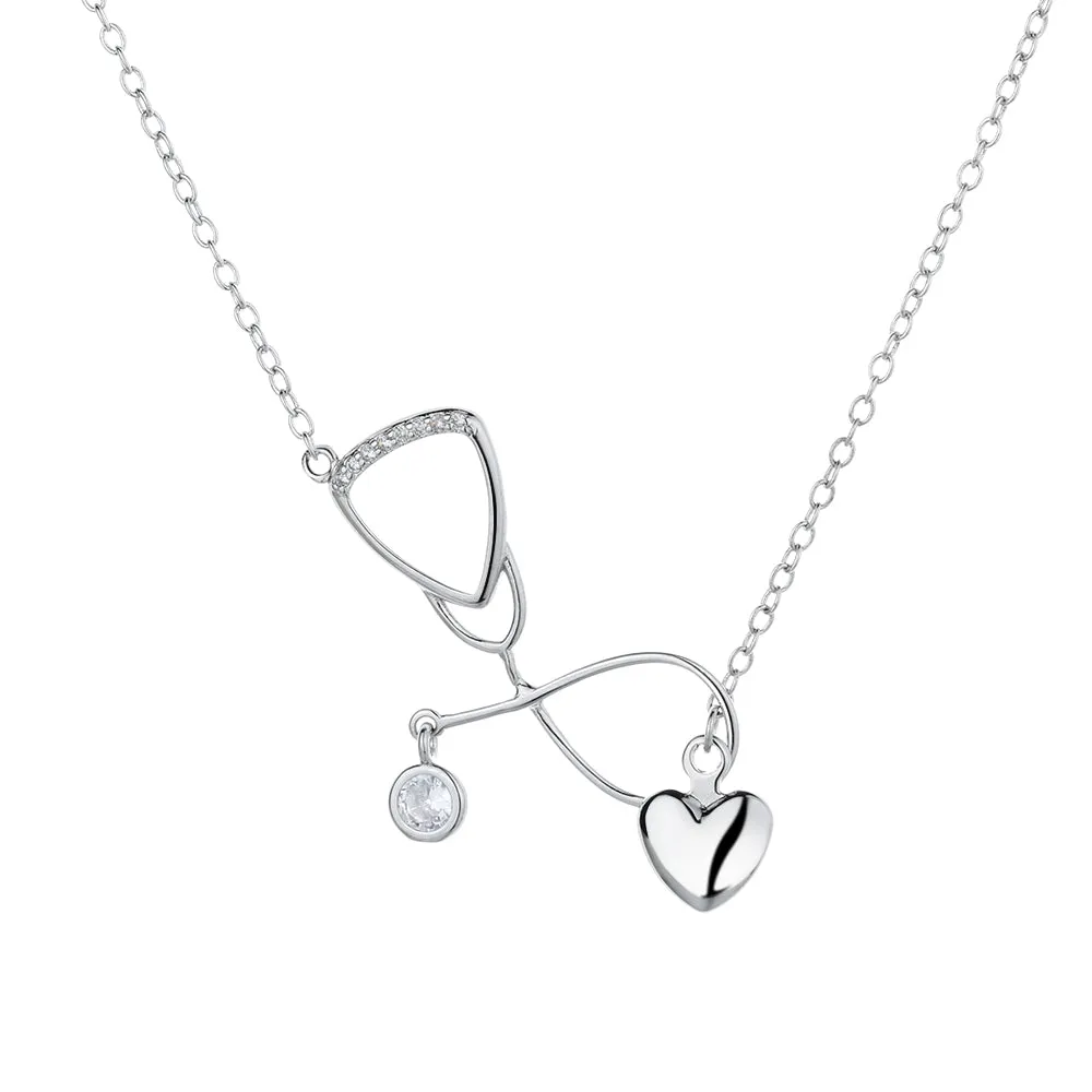 Sterling Silver and Crystal Stethoscope Heart Lariat Necklace