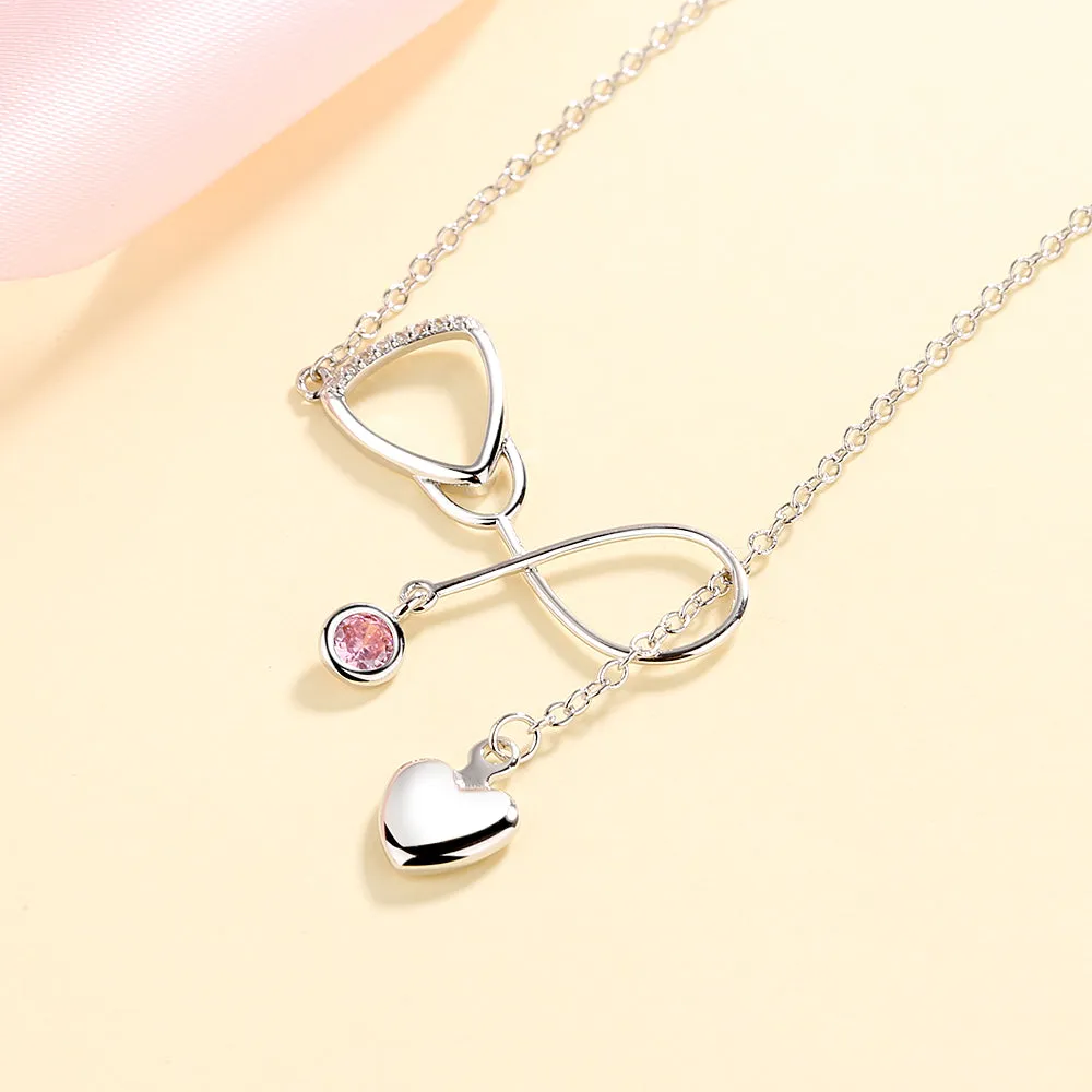 Sterling Silver and Crystal Stethoscope Heart Lariat Necklace