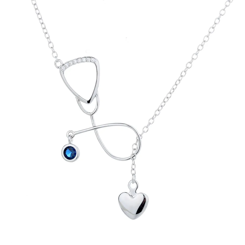 Sterling Silver and Crystal Stethoscope Heart Lariat Necklace