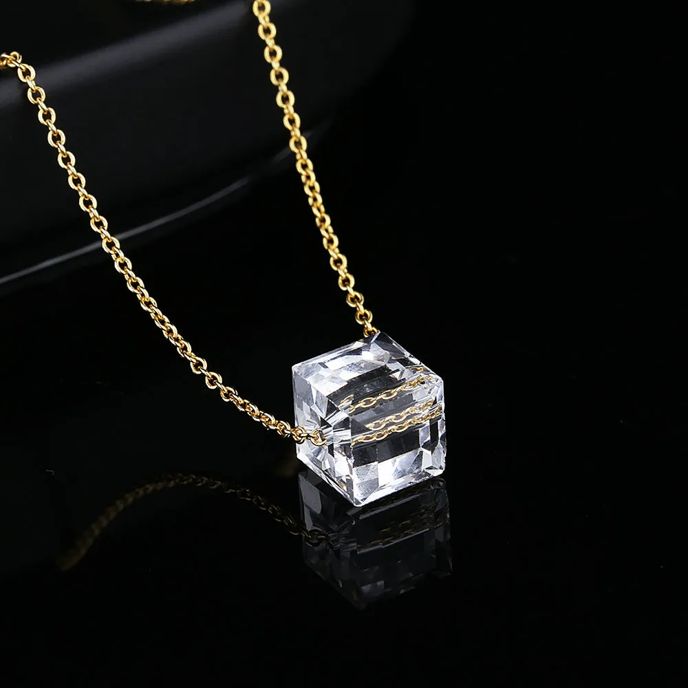 Sterling Silver Cube Pendant Necklace With Swarovski Crystals
