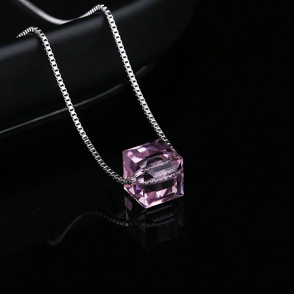 Sterling Silver Cube Pendant Necklace With Swarovski Crystals