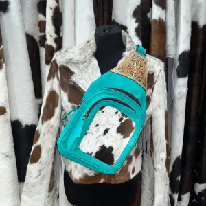 Turquoise Tooled & Cowhide Satchel Sling Bag Turquoise Tooled & Cowhide Satchel Sling Bag