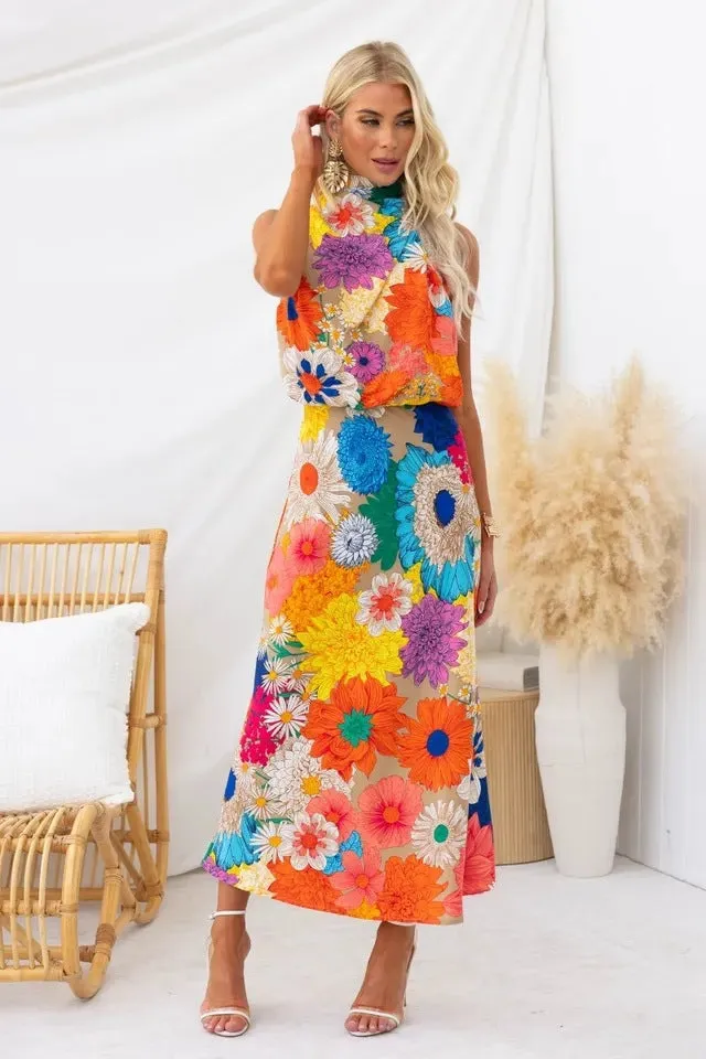 Vacation Style Fashion Printing Sleeveless Halter Waist-tight Long Dress
