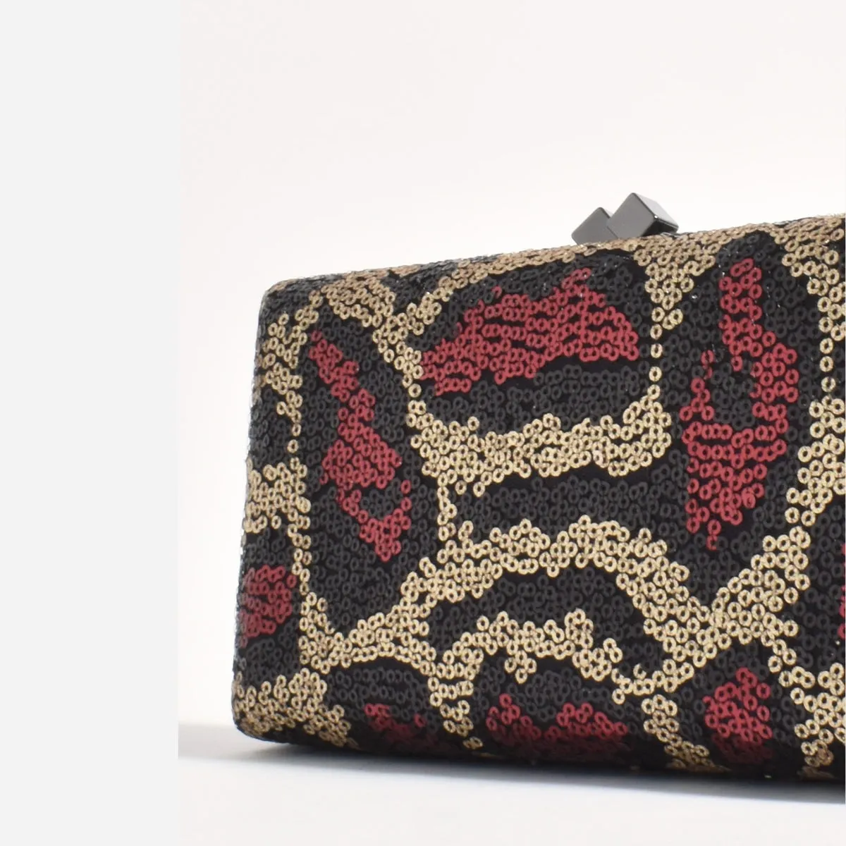 Vivie Sequin Structured Clutch (Burgundy/Black)